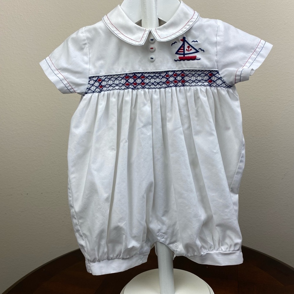 Sarah Louise England Sailboat Nautical Smocked Boys Bubble Romper Size 3 Months